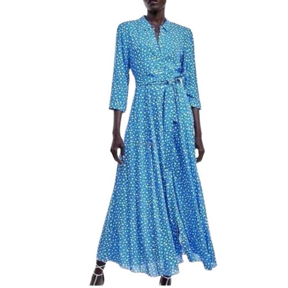 Zara- “Marilyn” Blue/White Spotted Collared Button Down Maxi TShirt Dress